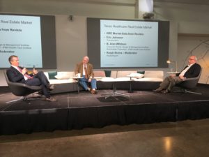 Eric Johnson of Transwestern, Alan Whitson, president of Corporate Realty Design and Management Institute and Ralph Bivins, Realty News Report,  discuss real estate at the Texas Healthcare Real Estate conference.