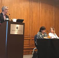 Belmont Village CEO Patricia Will (right) speaks at ULI Housing Opportunity Conference in Miami in Feb. 2020. Brad Hunter of RCLCO moderates. Photo credit: Ralph Bivins of Realty News Report.